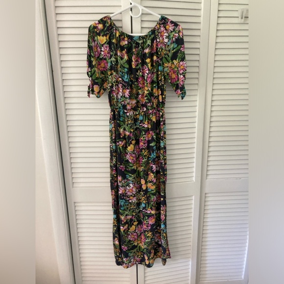 Women's Titi Floral Print on Black, Soft Maxi Dress With Side Slits, Size Small - Picture 1 of 6